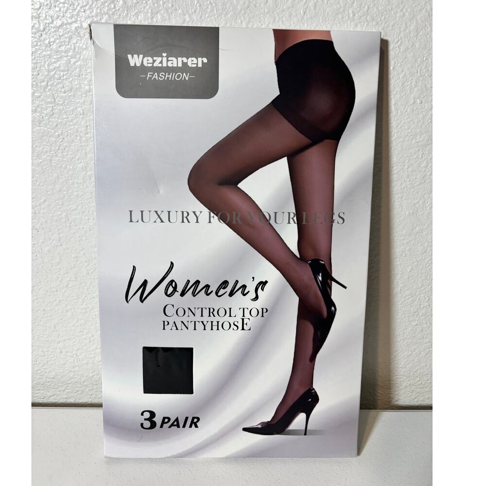 Weziarer NEW Size Small 3-Pack Black Control Top Reinforced Toes Pantyhose